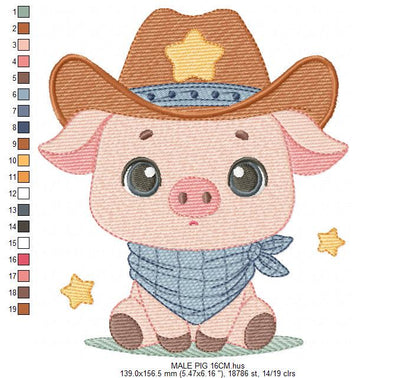 Pig embroidery design - Farm Animal Cowboy machine embroidery pattern - Baby boy file - Ranch Swine Piggy with hat - Instant download pes
