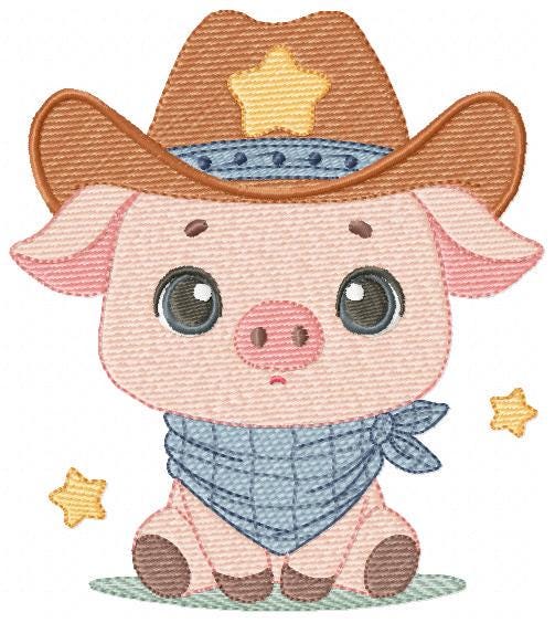 Pig embroidery design - Farm Animal Cowboy machine embroidery pattern - Baby boy file - Ranch Swine Piggy with hat - Instant download pes