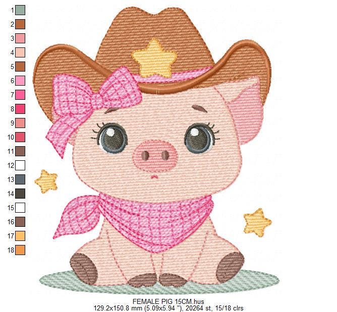 Pig embroidery design - Farm Animal Cowboy machine embroidery pattern - Baby girl cowgirl file - Swine Piggy with hat - Instant download pes