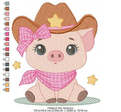 Pig embroidery design - Farm Animal Cowboy machine embroidery pattern - Baby girl cowgirl file - Swine Piggy with hat - Instant download pes