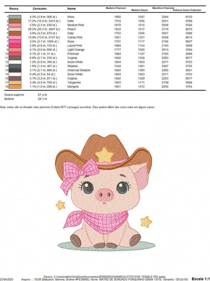 Pig embroidery design - Farm Animal Cowboy machine embroidery pattern - Baby girl cowgirl file - Swine Piggy with hat - Instant download pes