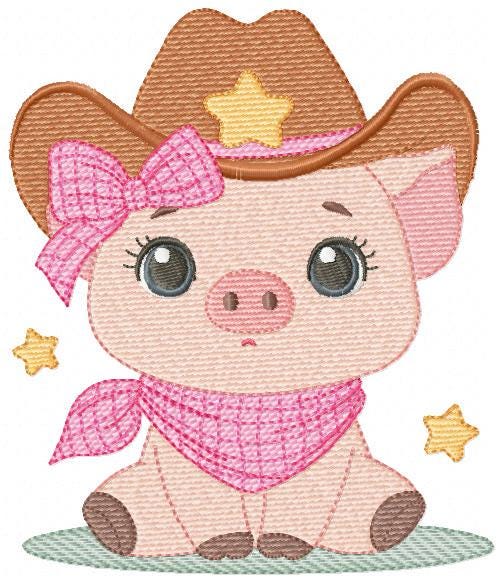 Pig embroidery design - Farm Animal Cowboy machine embroidery pattern - Baby girl cowgirl file - Swine Piggy with hat - Instant download pes