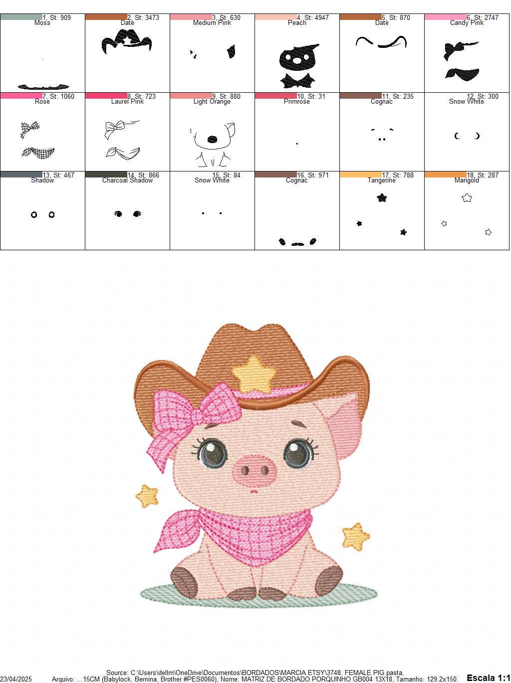 Pig embroidery design - Farm Animal Cowboy machine embroidery pattern - Baby girl cowgirl file - Swine Piggy with hat - Instant download pes