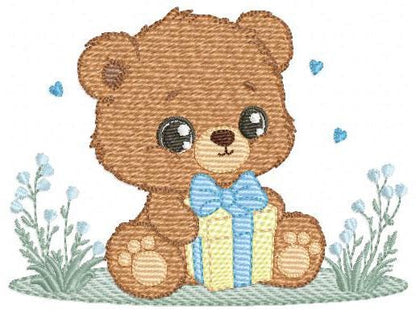 Birthday Teddy Bear embroidery designs - Baby boy Bear with gift machine embroidery pattern - Cute Teddy Bear file - Instant download pes