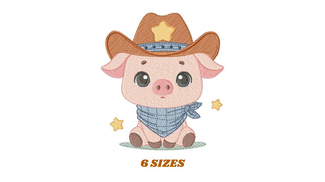 Pig embroidery design - Farm Animal Cowboy machine embroidery pattern - Baby boy file - Ranch Swine Piggy with hat - Instant download pes