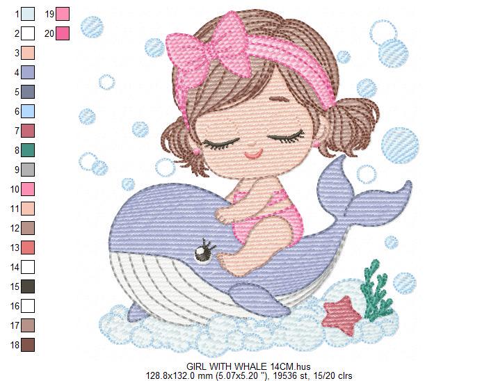 Whale embroidery designs - Diver Swiming Girl machine embroidery pattern - Ocean coral sea algae animal file - Instant download pes jef dst