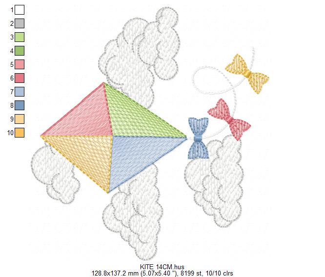 Kite embroidery designs - Baby Boy machine embroidery pattern - Kid toy file - Sky flying clouds - Instant digital download pes jef dst hus