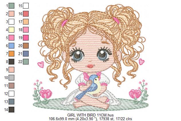 Baby Girl with blond curly long hair embroidery designs - Toodler with bird machine embroidery pattern - Instant digital download pes jef