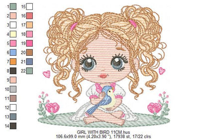 Baby Girl with blond curly long hair embroidery designs - Toodler with bird machine embroidery pattern - Instant digital download pes jef