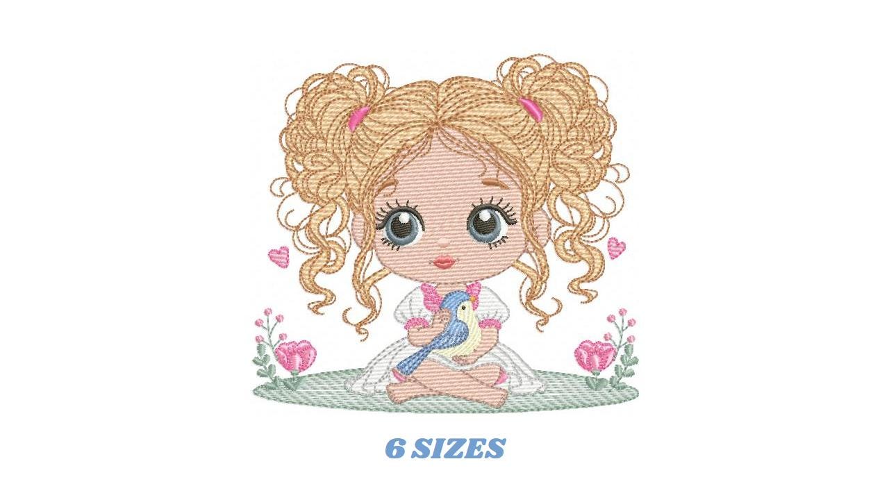 Baby Girl with blond curly long hair embroidery designs - Toodler with bird machine embroidery pattern - Instant digital download pes jef