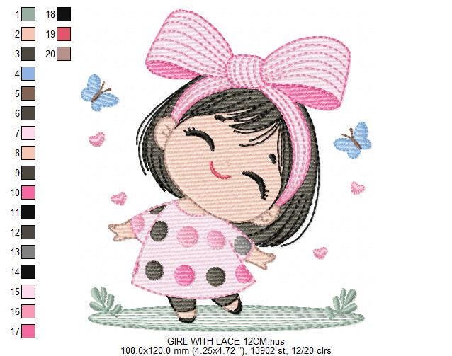 Girl embroidery designs - Baby girl with lace embroidery design machine embroidery pattern - Toddler file - Instant digital download pes jef