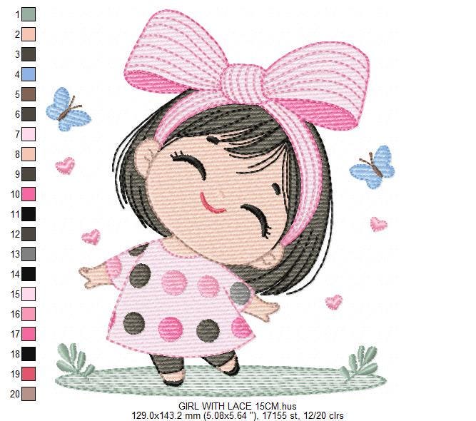 Girl embroidery designs - Baby girl with lace embroidery design machine embroidery pattern - Toddler file - Instant digital download pes jef