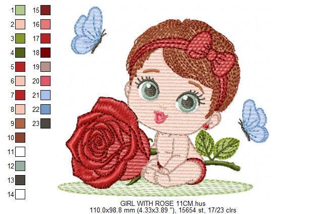 Baby Girl with rose embroidery designs - Baby girl with lace and flower machine embroidery pattern - Girl with short hair - Instant download