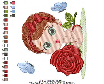 Baby Girl with rose embroidery designs - Baby girl with lace and flower machine embroidery pattern - Girl with short hair - Instant download