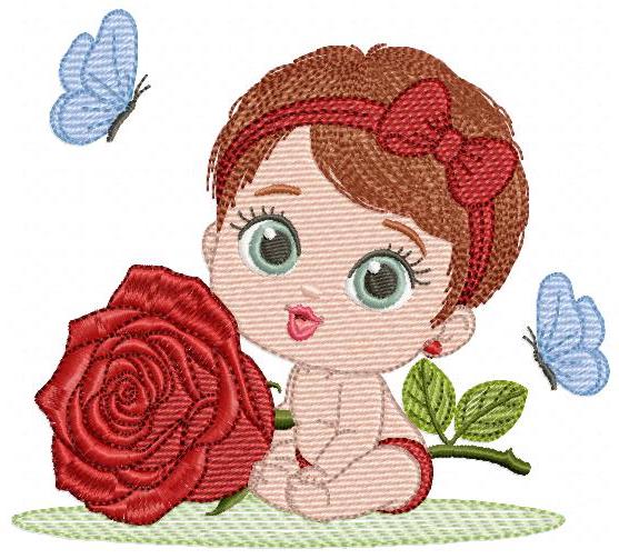 Baby Girl with rose embroidery designs - Baby girl with lace and flower machine embroidery pattern - Girl with short hair - Instant download