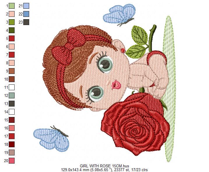 Baby Girl with rose embroidery designs - Baby girl with lace and flower machine embroidery pattern - Girl with short hair - Instant download