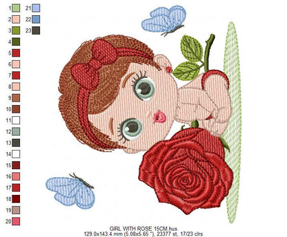 Baby Girl with rose embroidery designs - Baby girl with lace and flower machine embroidery pattern - Girl with short hair - Instant download