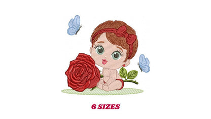 Baby Girl with rose embroidery designs - Baby girl with lace and flower machine embroidery pattern - Girl with short hair - Instant download