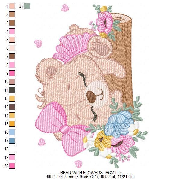 Teddy Bear embroidery designs - Baby girl Bear machine embroidery pattern - Bear with flowers file - Instant digital download pes jef dst