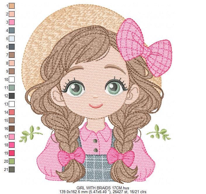 Girl Farmer embroidery designs - Farmer with hat and braids machine embroidery pattern - Girl with long hair file - Instant digital download