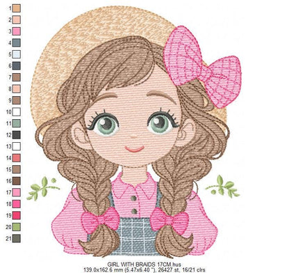 Girl Farmer embroidery designs - Farmer with hat and braids machine embroidery pattern - Girl with long hair file - Instant digital download