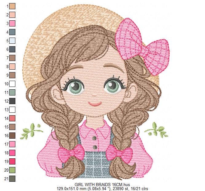 Girl Farmer embroidery designs - Farmer with hat and braids machine embroidery pattern - Girl with long hair file - Instant digital download