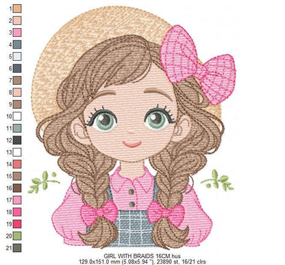 Girl Farmer embroidery designs - Farmer with hat and braids machine embroidery pattern - Girl with long hair file - Instant digital download