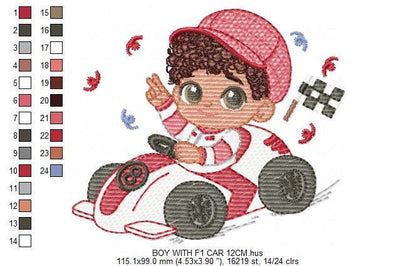 Baby Boy with F1 car embroidery designs - Toddler playing machine embroidery pattern - Boy with cap - Instant digital download pes jef dst