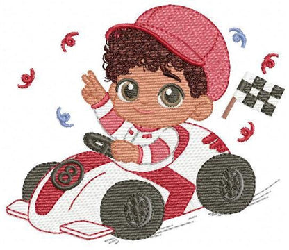 Baby Boy with F1 car embroidery designs - Toddler playing machine embroidery pattern - Boy with cap - Instant digital download pes jef dst