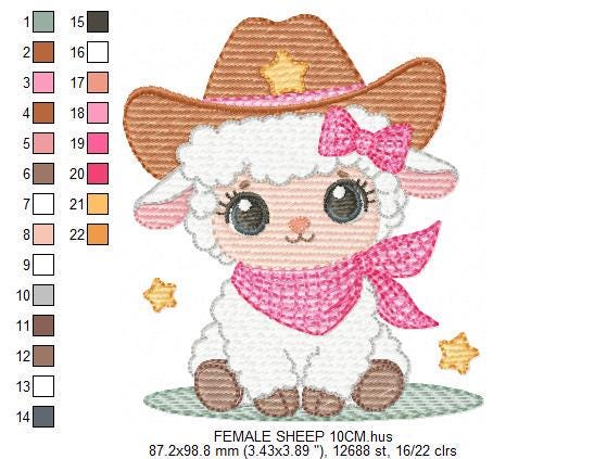 Sheep embroidery design - Cowgirl Lamb machine embroidery pattern - Baby girl Sheep with cowboy hat file - Instant digital download pes jef
