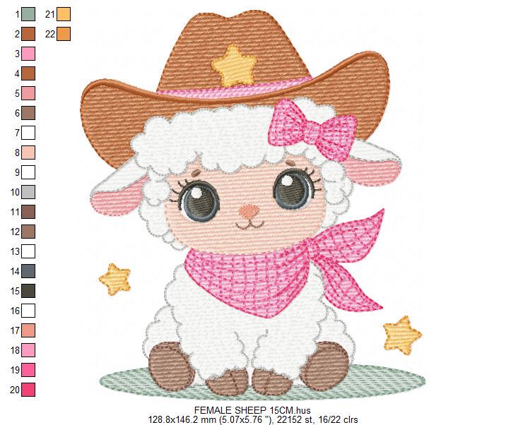 Sheep embroidery design - Cowgirl Lamb machine embroidery pattern - Baby girl Sheep with cowboy hat file - Instant digital download pes jef