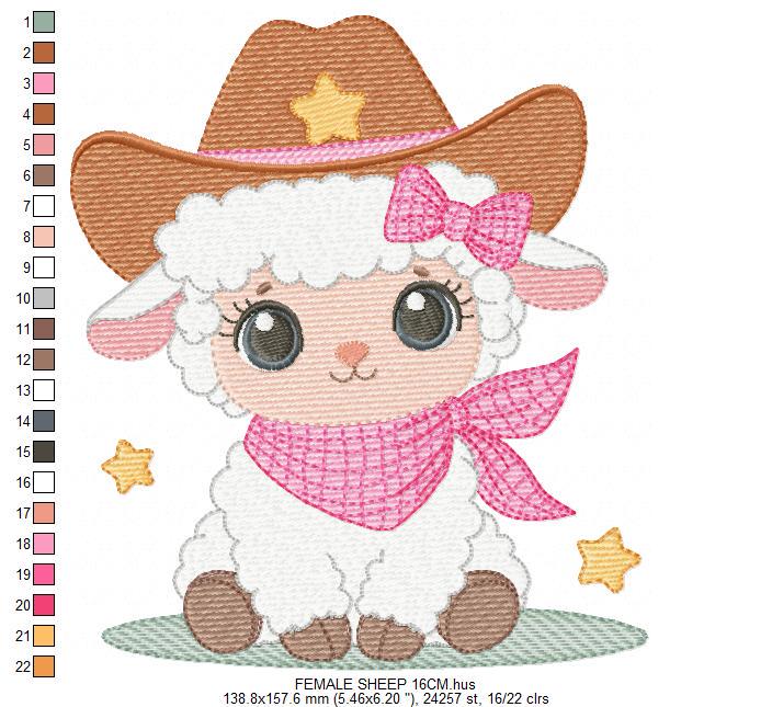 Sheep embroidery design - Cowgirl Lamb machine embroidery pattern - Baby girl Sheep with cowboy hat file - Instant digital download pes jef