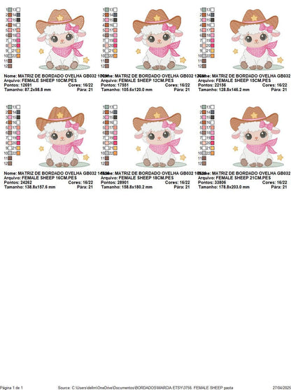 Sheep embroidery design - Cowgirl Lamb machine embroidery pattern - Baby girl Sheep with cowboy hat file - Instant digital download pes jef