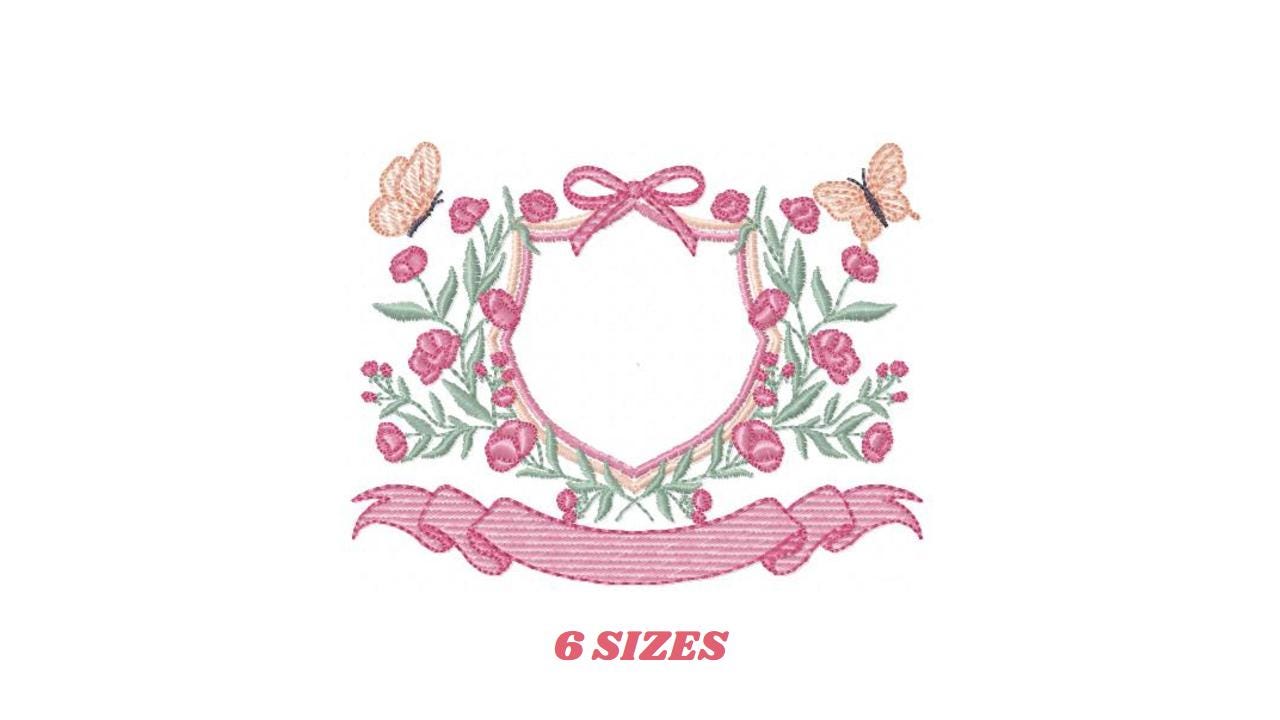 Flower Frame embroidery designs - Delicate Butterfly Monogram shape machine embroidery pattern -Floral Wreath - Instant download pes jef dst