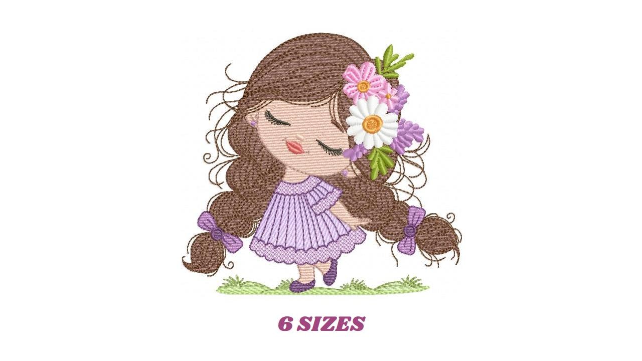 Baby girl embroidery designs - Princess with long hair with braids and flowers machine embroidery pattern - Instant digital download pes