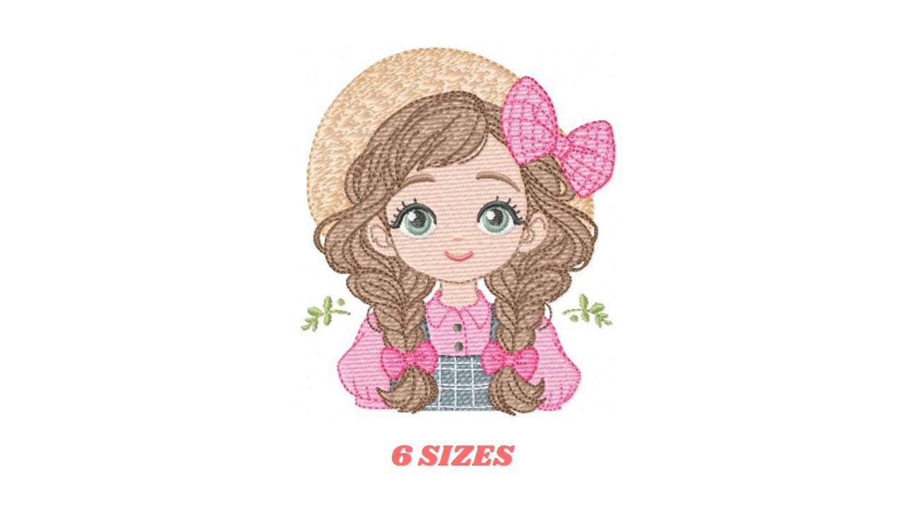 Girl Farmer embroidery designs - Farmer with hat and braids machine embroidery pattern - Girl with long hair file - Instant digital download