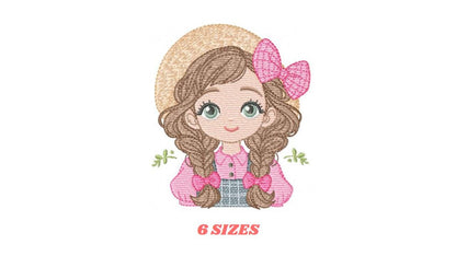 Girl Farmer embroidery designs - Farmer with hat and braids machine embroidery pattern - Girl with long hair file - Instant digital download