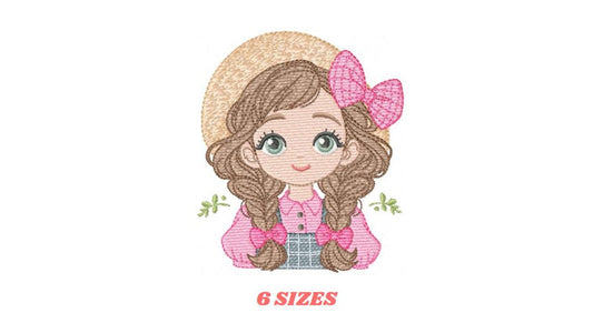 Girl Farmer embroidery designs - Farmer with hat and braids machine embroidery pattern - Girl with long hair file - Instant digital download