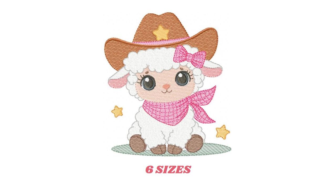 Sheep embroidery design - Cowgirl Lamb machine embroidery pattern - Baby girl Sheep with cowboy hat file - Instant digital download pes jef