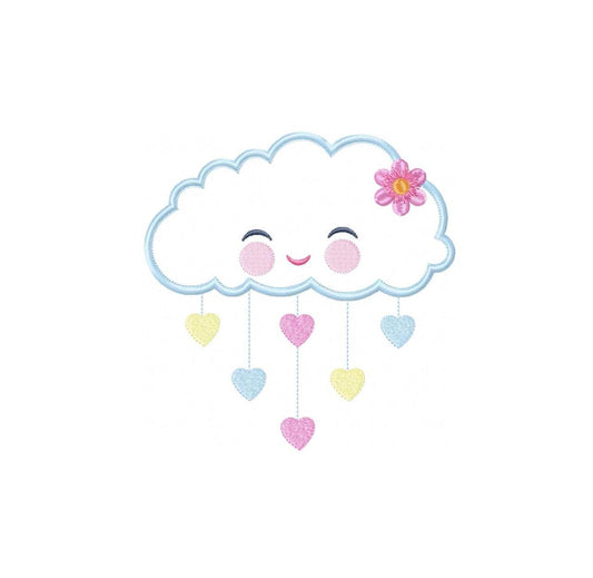 Cloud embroidery design - Rain of hearts machine embroidery pattern - Baby girl cloud applique with flower file - Instant download pes jef