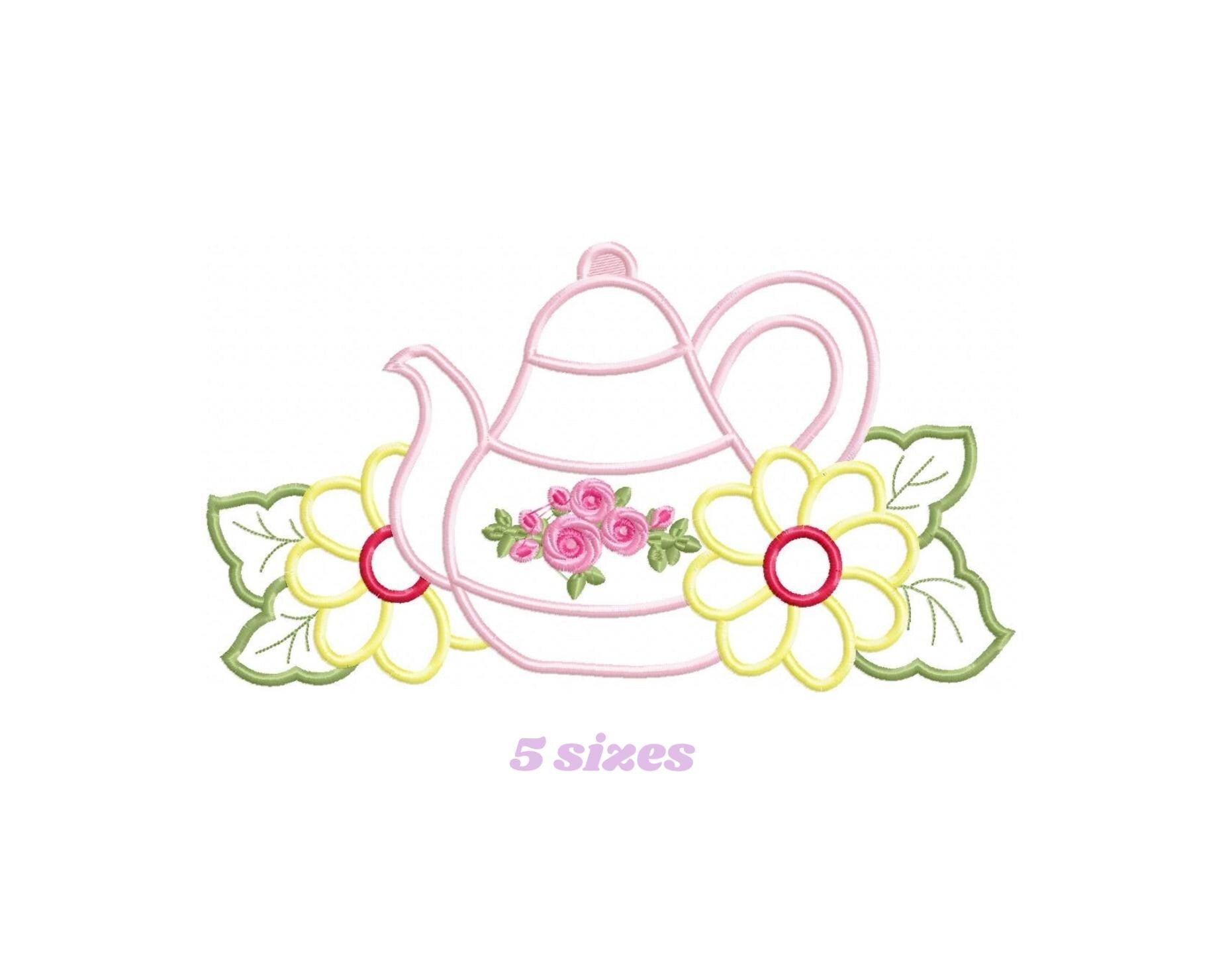 Teapot with flowers applique embroidery design - Kitchen Towel machine embroidery pattern - teakettle Boiler - Instant download pes jef dst