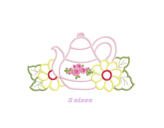 Teapot with flowers applique embroidery design - Kitchen Towel machine embroidery pattern - teakettle Boiler - Instant download pes jef dst
