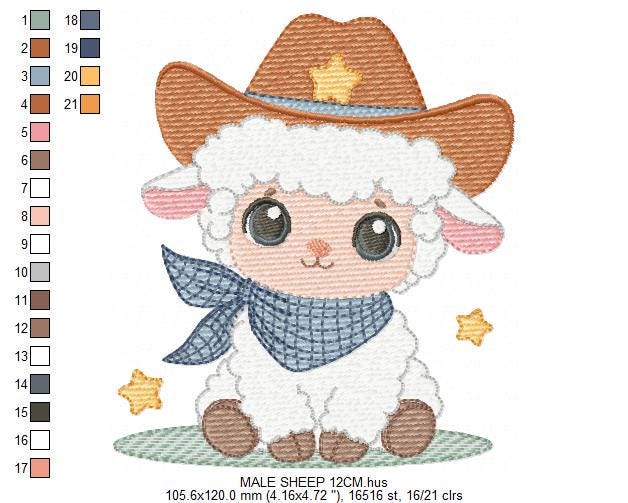 Male Sheep embroidery design - Lamb with cowboy hat machine embroidery pattern - Newborn Baby boy file - Instant download pes jef dst vp3