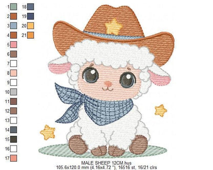 Male Sheep embroidery design - Lamb with cowboy hat machine embroidery pattern - Newborn Baby boy file - Instant download pes jef dst vp3
