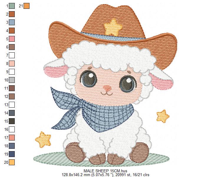 Male Sheep embroidery design - Lamb with cowboy hat machine embroidery pattern - Newborn Baby boy file - Instant download pes jef dst vp3