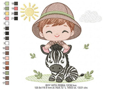 Baby Boy with zebra embroidery designs - Safari wild Animals machine embroidery pattern - Baby Boy Safari Explorer - Instant download pes