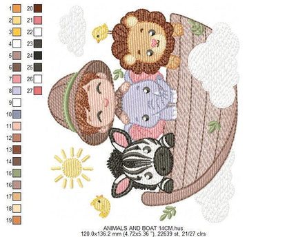 Safari Wild Animal embroidery designs - Elephant Zebra Lion in a boat machine embroidery pattern - Baby Boy Explorer file - Instant download