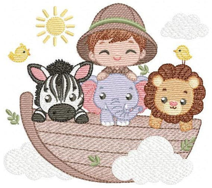 Safari Wild Animal embroidery designs - Elephant Zebra Lion in a boat machine embroidery pattern - Baby Boy Explorer file - Instant download