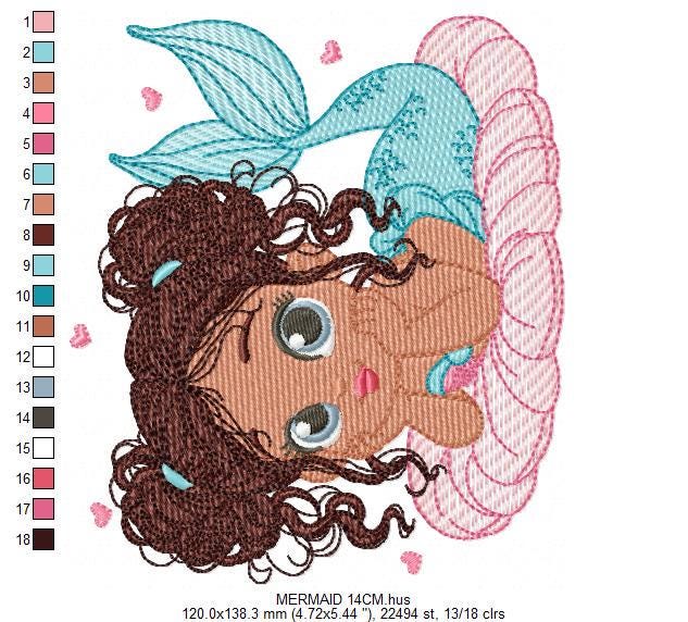 Mermaid with Curly hair embroidery designs - African American Princess machine embroidery pattern - Baby girl file - Instant download pes