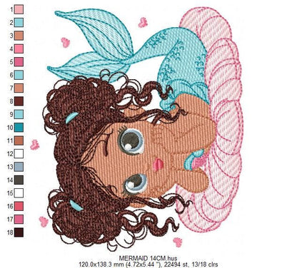 Mermaid with Curly hair embroidery designs - African American Princess machine embroidery pattern - Baby girl file - Instant download pes